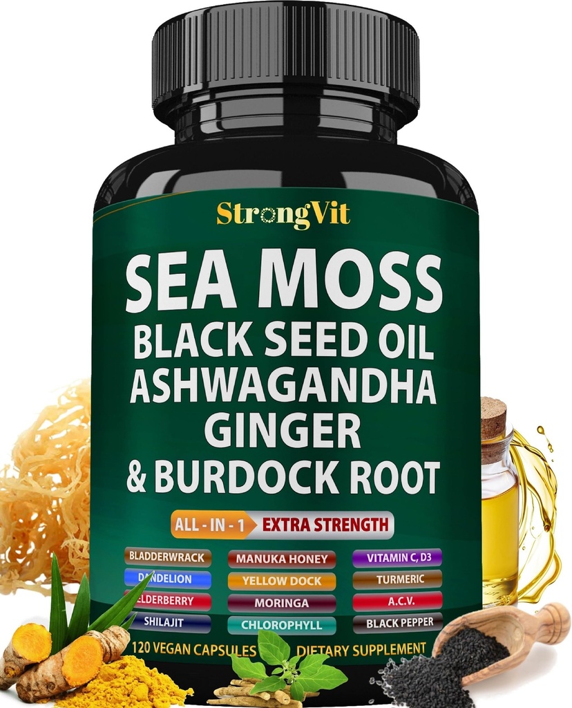 Sea Moss Black Seed Oil Ashwagandha Ginger, Organic Sea Moss Capsules med Burdock Root, Irish Seamoss Pills med Bladderwrack, Turmeric, Shilajit, Multimineral Supplement, USA (120 kapslar)
