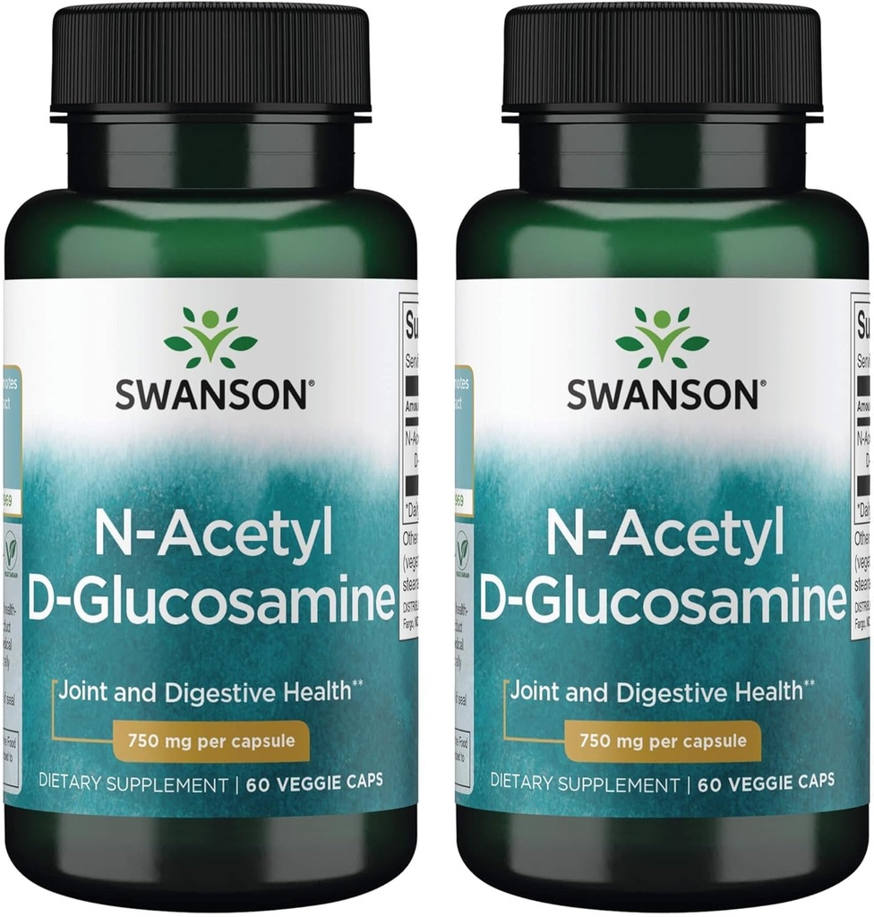 Swanson N-Acetyl D-Glukosamiini - Natural Supplement Promoting joints Support & Gastrointestinal Health - Natural Formula Supporting Terve Cartilage - (60 kasviskapselit, 750 mg Each) (2 pakkaus)
