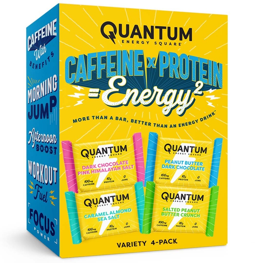 Quantum Energy Square - energiapatukka kofeiinilla & 10g proteiinia, terveellinen välipala Go - vegaaninen, gluteeniton, soijaton ja maitoton - Lajike 4-pakkaus