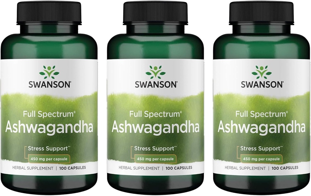 Swanson Ashwagandha Powder Supplement-Ashwagandha Root Promoting Stress Relief & Energy Support-Ayurvedic Supplement for Natural Wellness (100 kapslar, 450mg vardera) 3 Pack