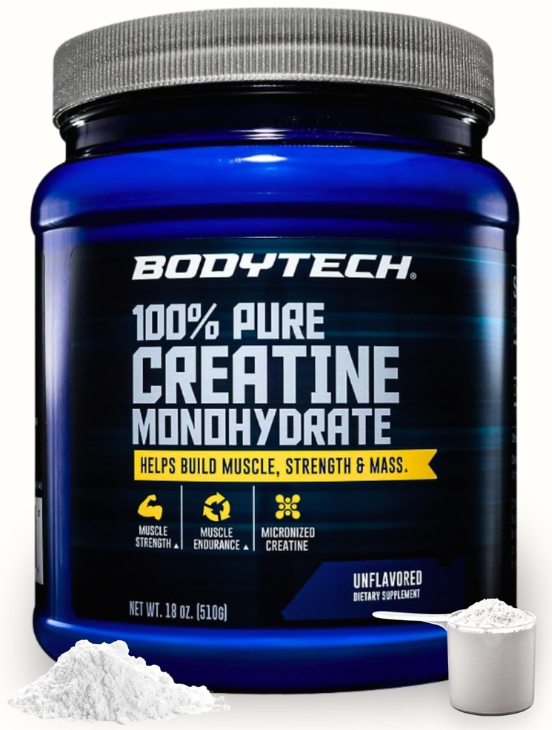 BODYTECH 100% Pure Creatiini Monohydraatti Powder - Premium Micronized Creatiini tehostetun lihasvoimaa ja suorituskykyä - tukee lihaksia, Recovery, ja lisääntynyt liikunta (18oz / 102 Tarjoilut)