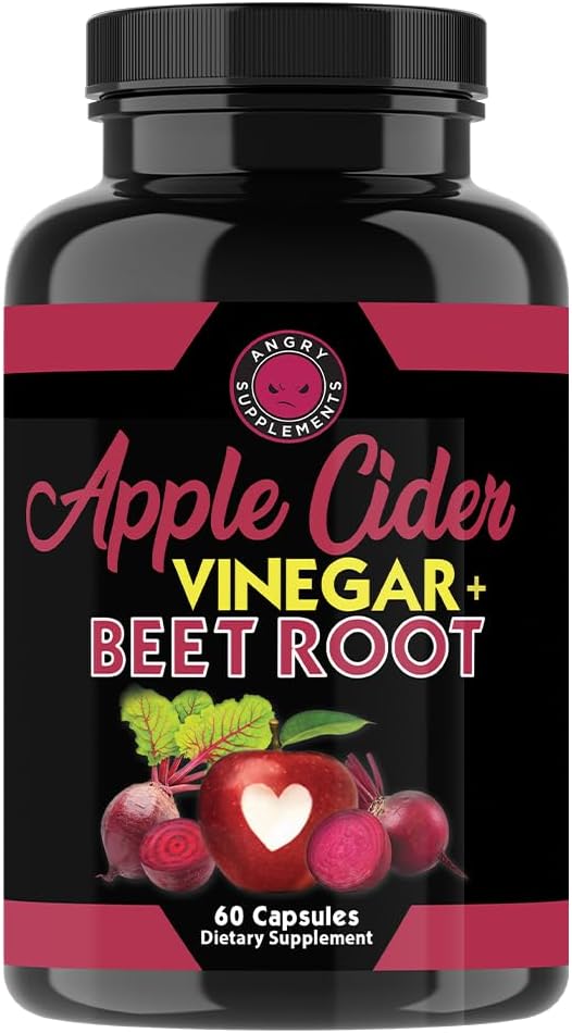 Angry Supplements Apple Cider Vinegar + Beet Root Powder Capsules, Pure ACV Beetroot 1000mg per servering, Digestive Health för män och kvinnor (60ct, 1-månaders leverans)