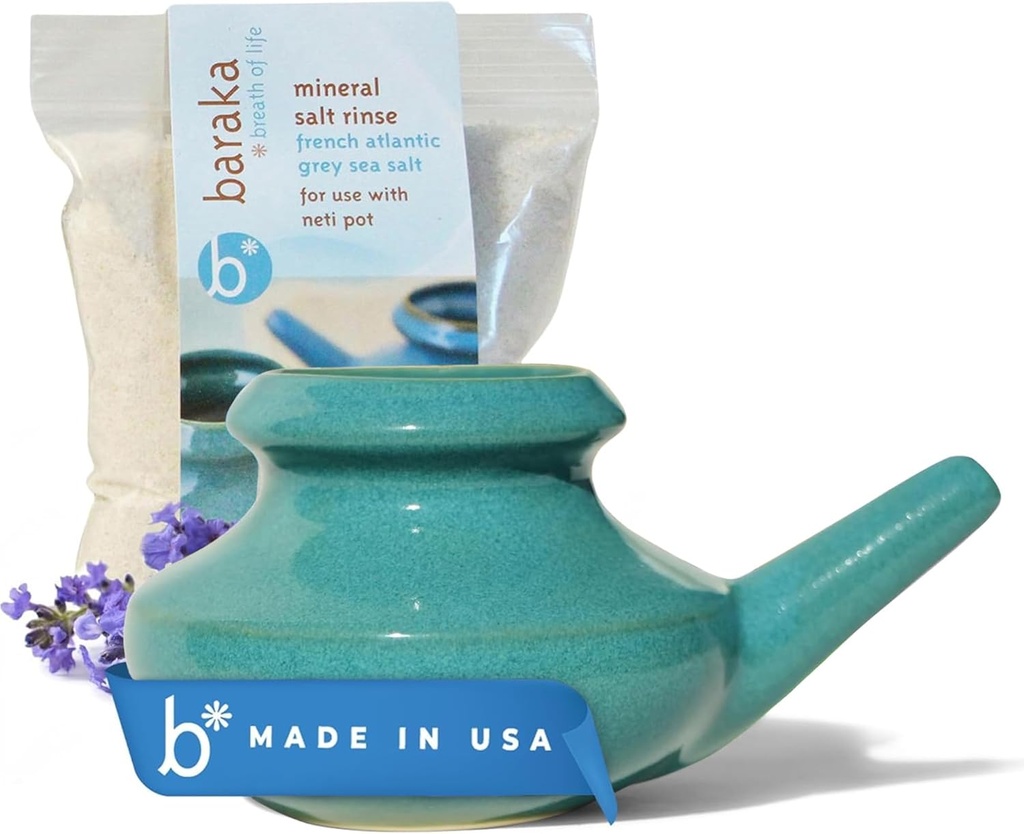Baraka Nei Pot Tool Kit - Snoring & Saline Solution, Käsintehty keraaminen Astianpesukone Turvallinen 2oz Mineral Sea Salt nenän puhdistus & Sinus huuhtelu Täydellinen Allergia Relief aikuisille ja lapsille (Jade)