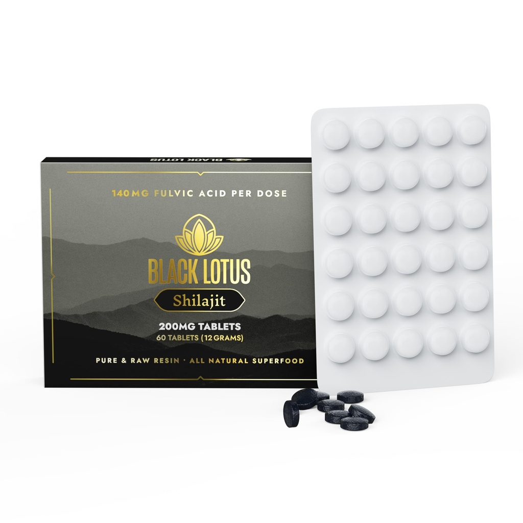 Black Lotus Shilajit Hartabletit, 60 Count, 200 mg Each, 100% Pure Natural Shilajit miehille & naisille Aminohappoja, 140 mg Fulvic Acid, 85 Ionic Trace Minerals, varten Immuunituki, Focus, Energy