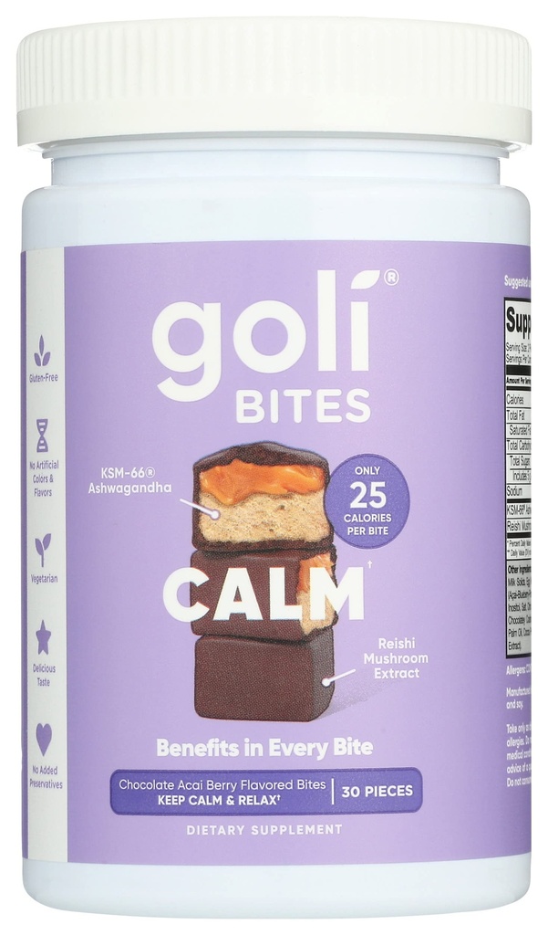 Goli Nutrition Calm Ashwagandha Bites Chocolate Acai Berry Flavor, Caffeinated, Vegetarian, Gluten Free och No Added Preservatives, 30 Pieces (Pack of 1)
