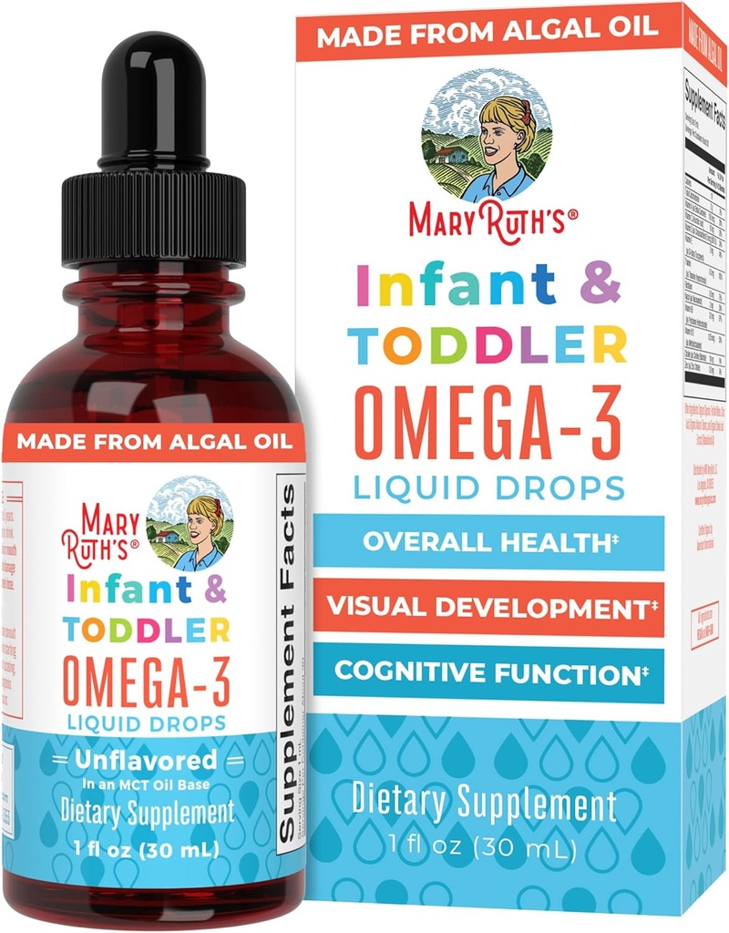 MaryRuth Organics Infant and Toddler Omega-3 Liquid Drops by | 200mg DHA och 2mg EPA Per Serving | Total Wellness and Healthy Development | Unflavored | 1 Fl Oz