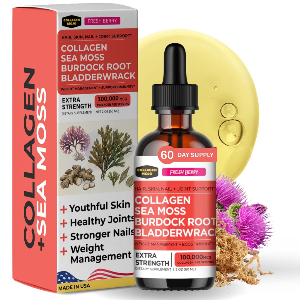 Collagen Mojo - Liquid Collagen for Women & Men, Collagen Peptides with Sea Moss, Burdock Root & Brack - Hiukset, iho, kynnet, Joint Support, Painonhallinta, Korkea Imeytyminen - 100 000 mcg, 2 Oz