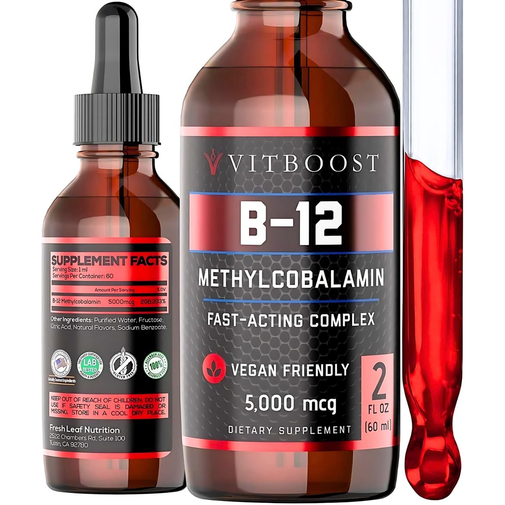 Vegan Liquid B-12 droppar - 60 x 5000 mcg Extra Strength Raspberry Flavored Vitamin B12 Liquid Methylcobalamin sublingual Supplement | Designad för att maximera Absorption & Energy | Gluten Free