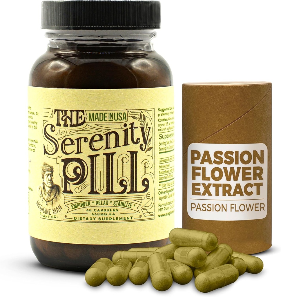 Serenity Pill 60 Caps - Organic Mieliala pillereitä ja anti stressiä täydentää w/Ashwagandha juuriuute, intohimo kukkauute, Nutmeg & Green Tea Extract - luonnollinen intohimo kukka täydentää stressiä