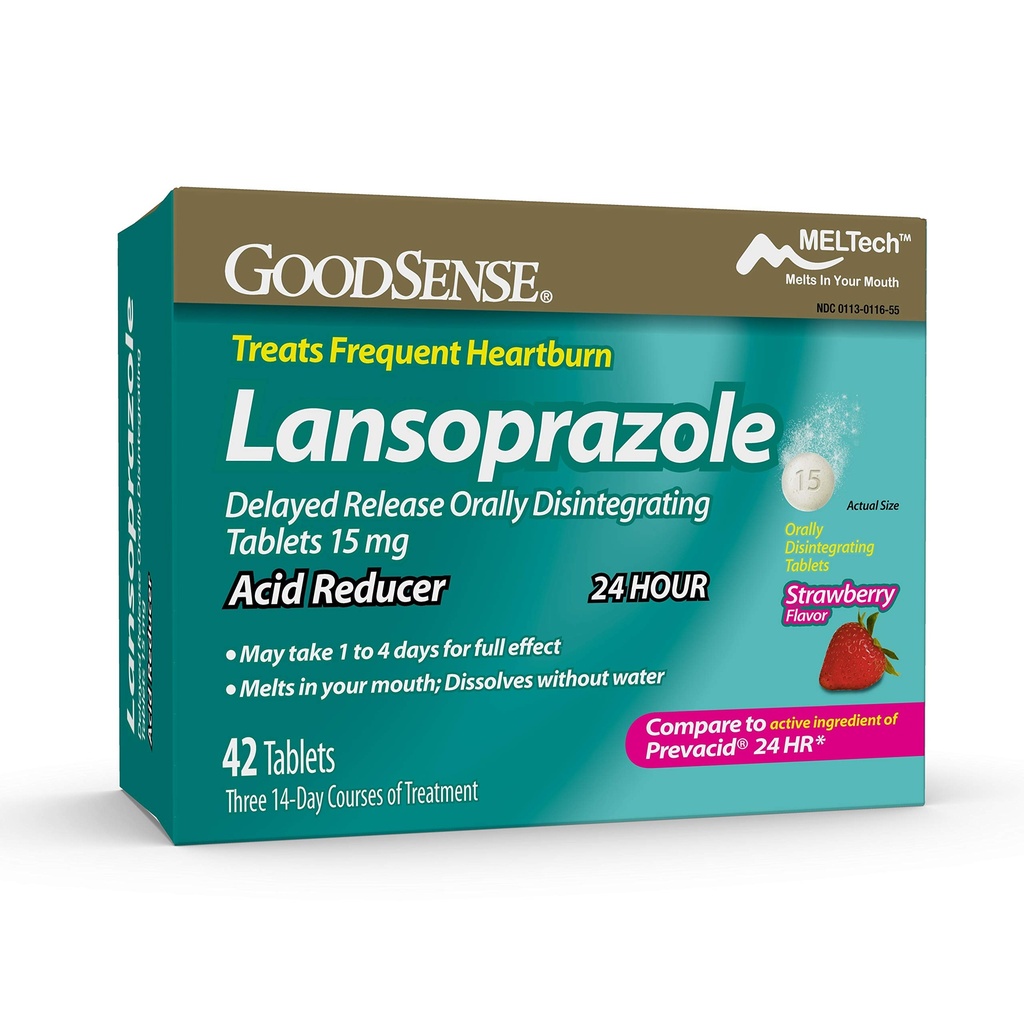 GoodSense Lansopratsoli Viivästynyt vapautuminen Suun kautta hajoavat tabletit 15 mg, happojen reduktori, mansikkamaku, 42