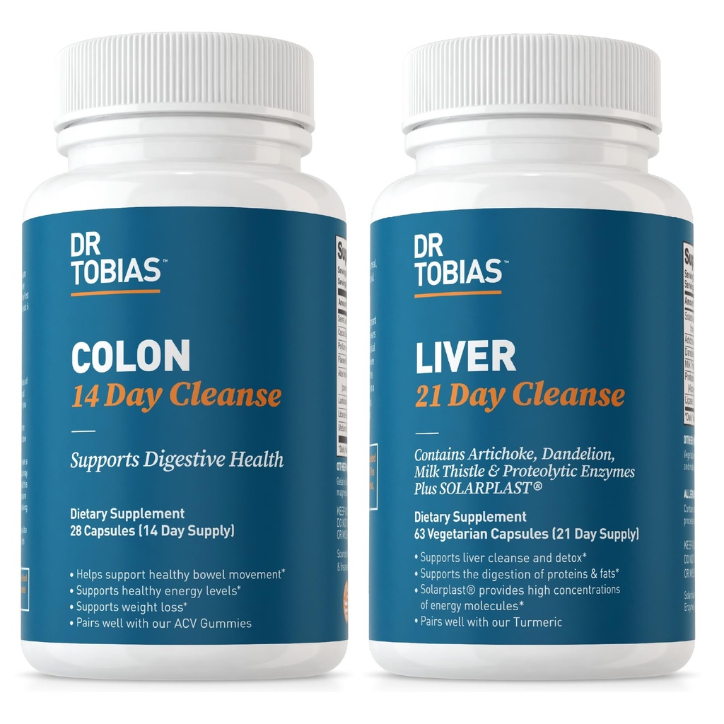 Dr Tobias Colon 14 Day Cleanse & Liver 21 Day Cleanse Supplements, med Fiber, Herbs & Probiotika, Solarplast, Artichoke, Milk Thistle, stöder Gut och Liver Health.