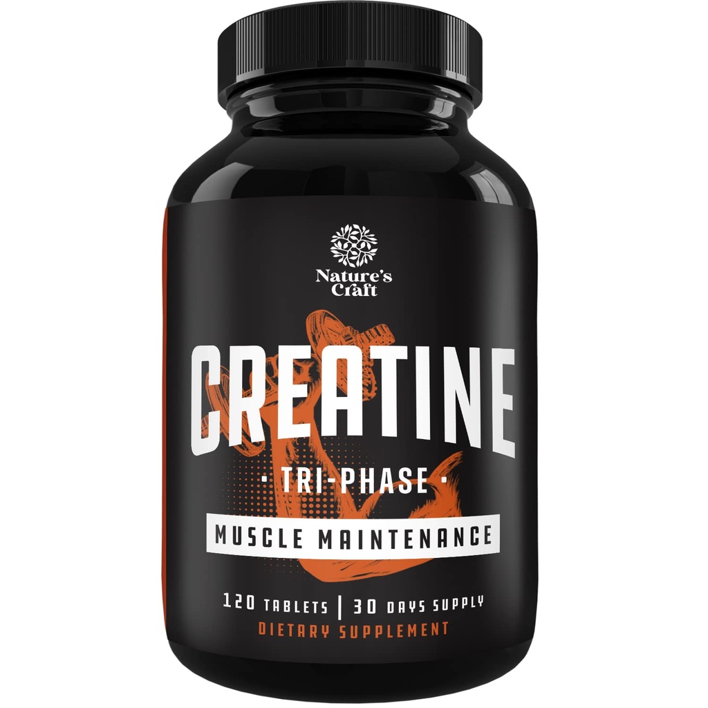 Natures Craft High Strength Tri Phase Creatiini Tabletit naisille ja miehille - Formula Blend Creatiini Monohydraatti, 300 mg HCL & Pyruvate täydennysosa - Lihasmassan kasvu & Recovery täydennysosa - 120 tablettia