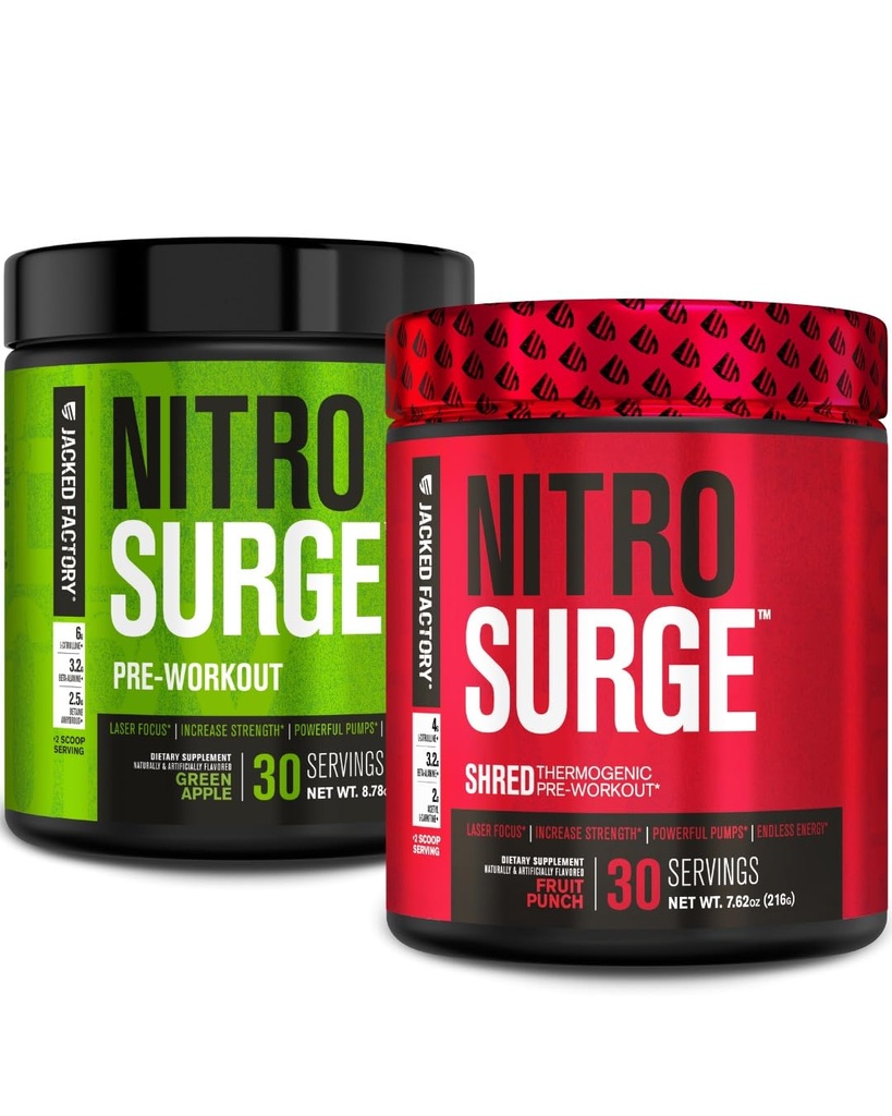 Jacked Factory Nitrosurge Esityö Green Apple & Fruit Punch Nitrosurge Silvered Thermogenic Esityö miehille ja naisille