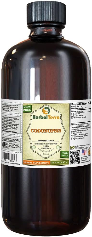Kodonopsis (Codonopsis Pilosula) Tincture, Organic kuivattu juurinesteuute (Brand Name: HerbalTerra, Proudly Made in USA) 32 fl.oz (0,95 l)