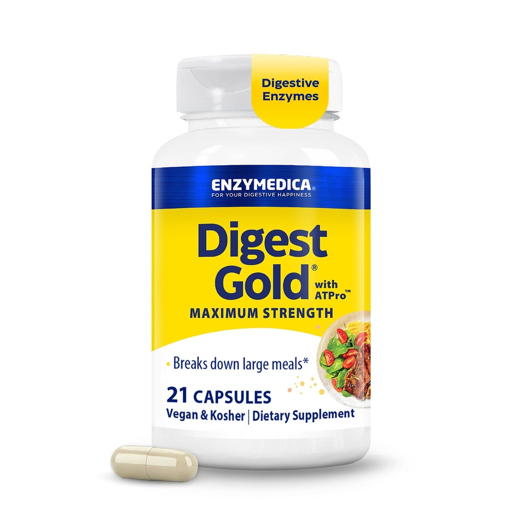 Enzymedica Digest Gold + ATPro, Maximum Strength Enzyme Formula, Estää turvotusta ja kaasua, 14 avainentsyymiä mukaan lukien amylaasi, proteaasi, lipaasi ja laktaasi, 21 kapselia (FFP)