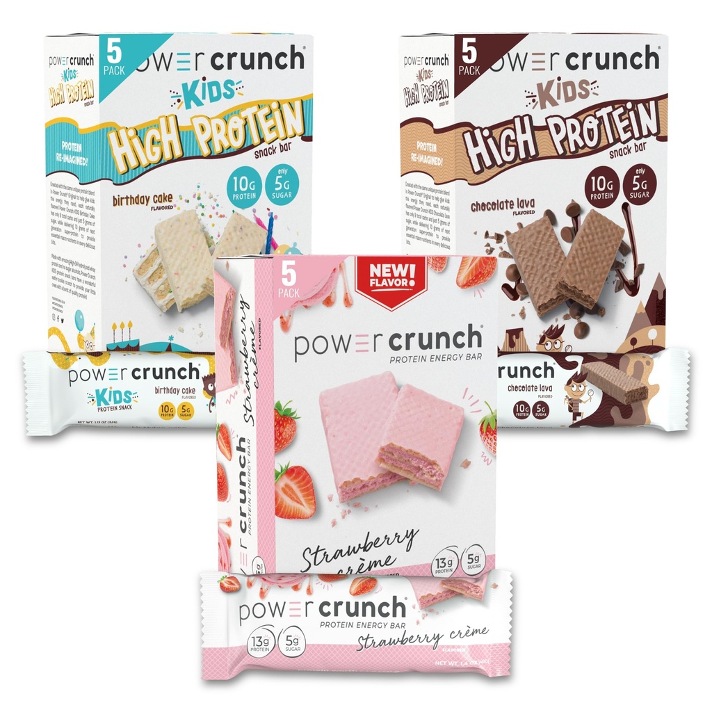 Power Crunch Protein Wafer Bars ja Power Crunch KIDS Protein Bars, Variety Pack, (15 count) Korkea proteiini Välipalat herkullinen maku