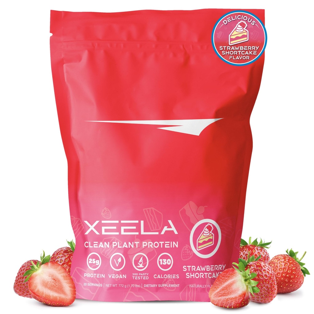 XEELA Plant Based Vegan Protein Powder - Independently Tested - 25g High Protein, Pea Protein for Men & Women - Vitamiinit & Minerals, Non GMO, Dairy & Gluteenittomat, LowCarb & LowFat (Strawberry Cake)