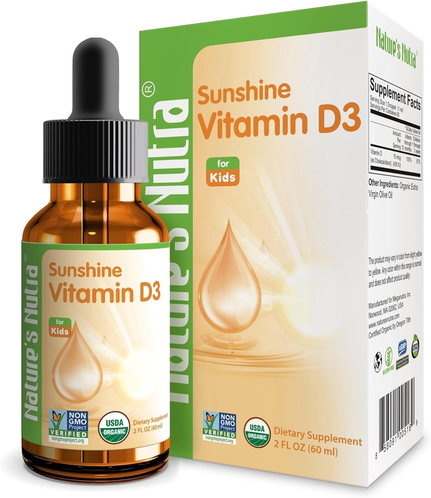 Nature's Nutra Sunshine Vitamiini D3 400IU, 2 Fl. Oz (60 ml), Premium Vauvojen ja imeväisten nestemäiset tihkurat, pikkulapset Lapset Monivitamiinilisä, ei-GMO, kasviuute