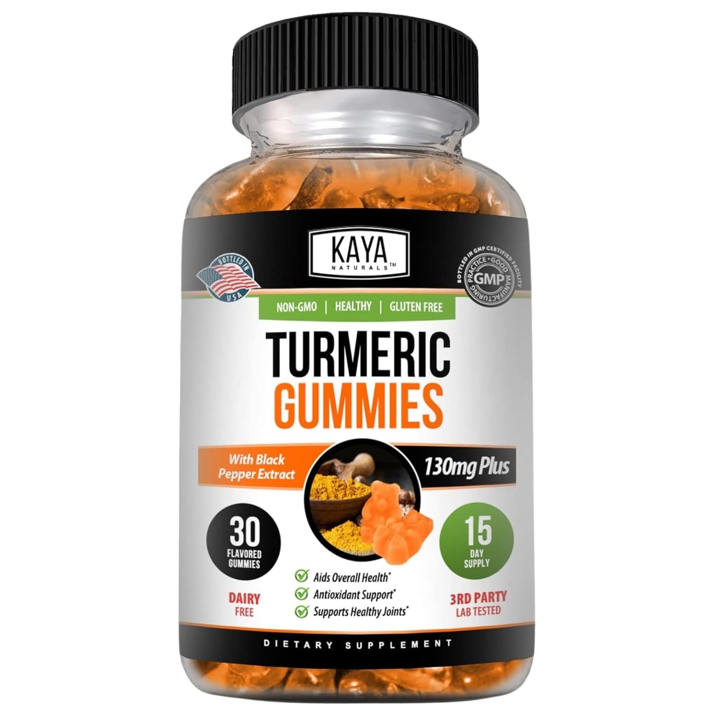 Kaya Naturals Turmeric Lisäravinteet Gummies - Puhdas luonto Turmeric Curcumin -Turmeric Ginger Gummies - 30 Count Gummy - Turmeric Black Pepper Extract