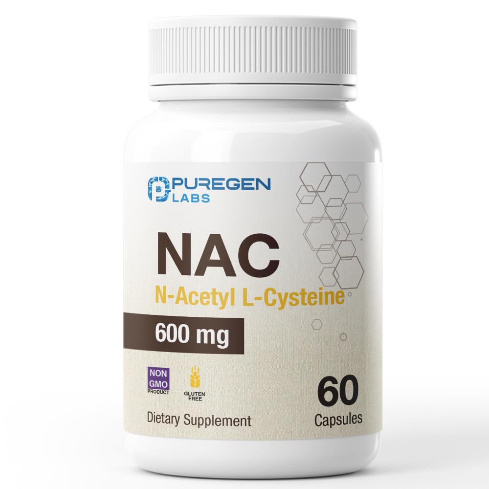 Puregen Labs N-asetyyli-L-kysteiini (NAC) 600 mg, antioksidanttien tukilisä, NAC 600 mg, helppo absorboida - 60 kasvissyöjäkapselia