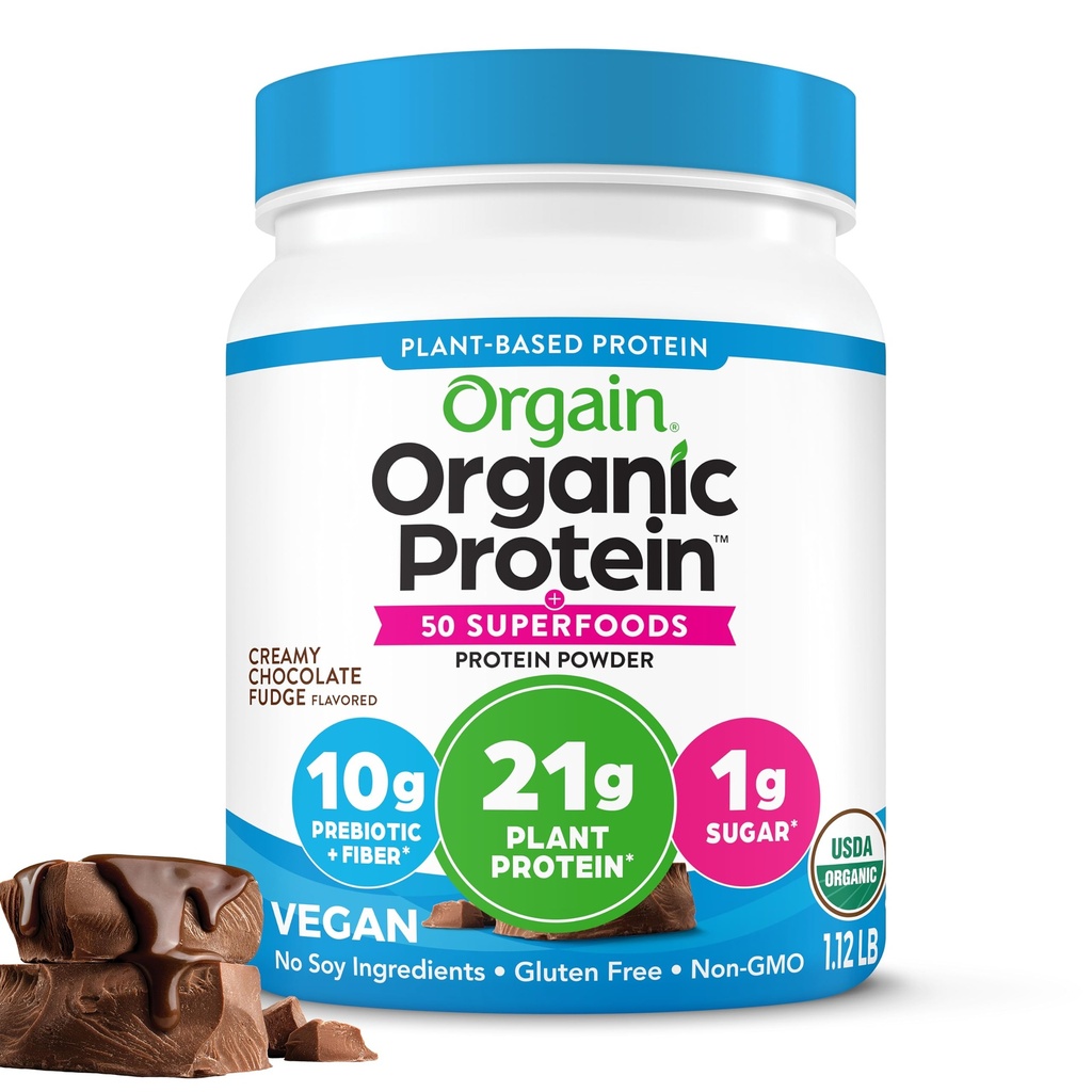 Orgain Organic Vegan Protein + 50 Superfoods Powder, Creamy Chocolate Fudge - 21g Plant Based Protein, 10g Prebioottikuitu, Ei laktoosia Ainesosat, Gluteeniton, Ei lisättyä sokeria, ei GMO, 1,12 lb
