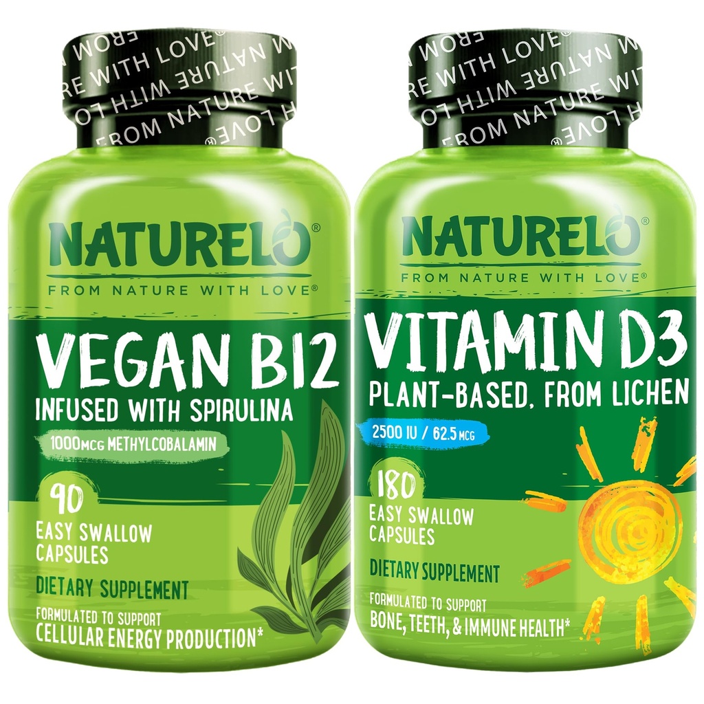 NATURALO D-vitamiini - Kasvi Perustuu jäkälä - 180 Mini kapselia, Vegan B12, 1000 mikrog Metyylikobalamiini - 90 kapselia