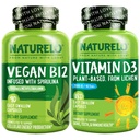 NATURELO Vitamin D - Plant baserad från Lichen - 180 Mini kapslar, Vegan B12, 1000 mcg Methylcobalamin - 90 kapslar