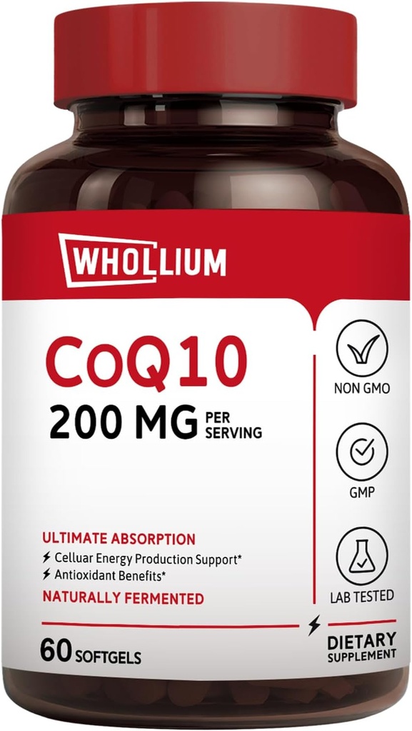 CoQ10 200mg per tarjoilu, ekstraneitsytoliiviöljy, ultraabsorptio, luonnollisesti fermentoitu, Coenzyme Q10 täydentää, energiantuotanto, terve sydän, anti-aging, 60 Softgels