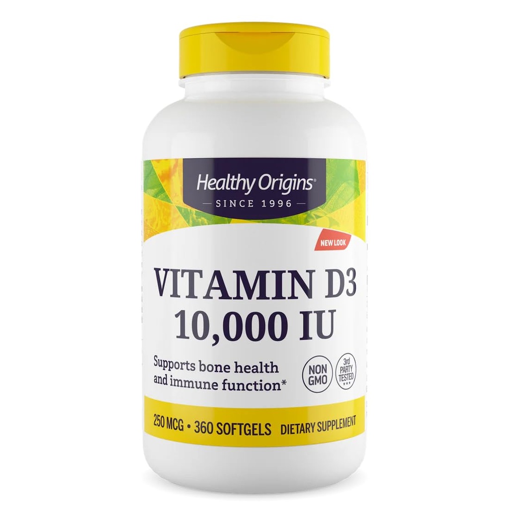 Terve alkuperä D3-vitamiini 10 000 IU (ei-GMO, korkea teho, luutuki, immuunituki, gluteeniton), 360 Softgels