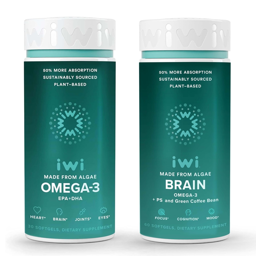 Iwi Omega-3 & Brain Omega-3 Bundle, 30 portioner, Vegan Plant-Based Algae Omega 3 med EPA + DHA, Krill & Fish Oil Alternative, No Fishy Aftertaste