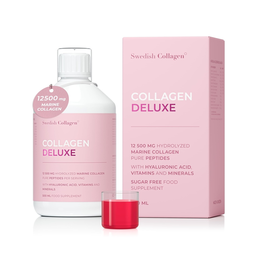 Swedish Collagen Deluxe 12 500 mg Hydrolysed Marine Collagen Liquid Supplement - 500 ml, 20 päivän toimitus Hyaluronic Acid, Biotiini ja C-vitamiini tukea terveitä hiuksia, ihoa, kynsiä