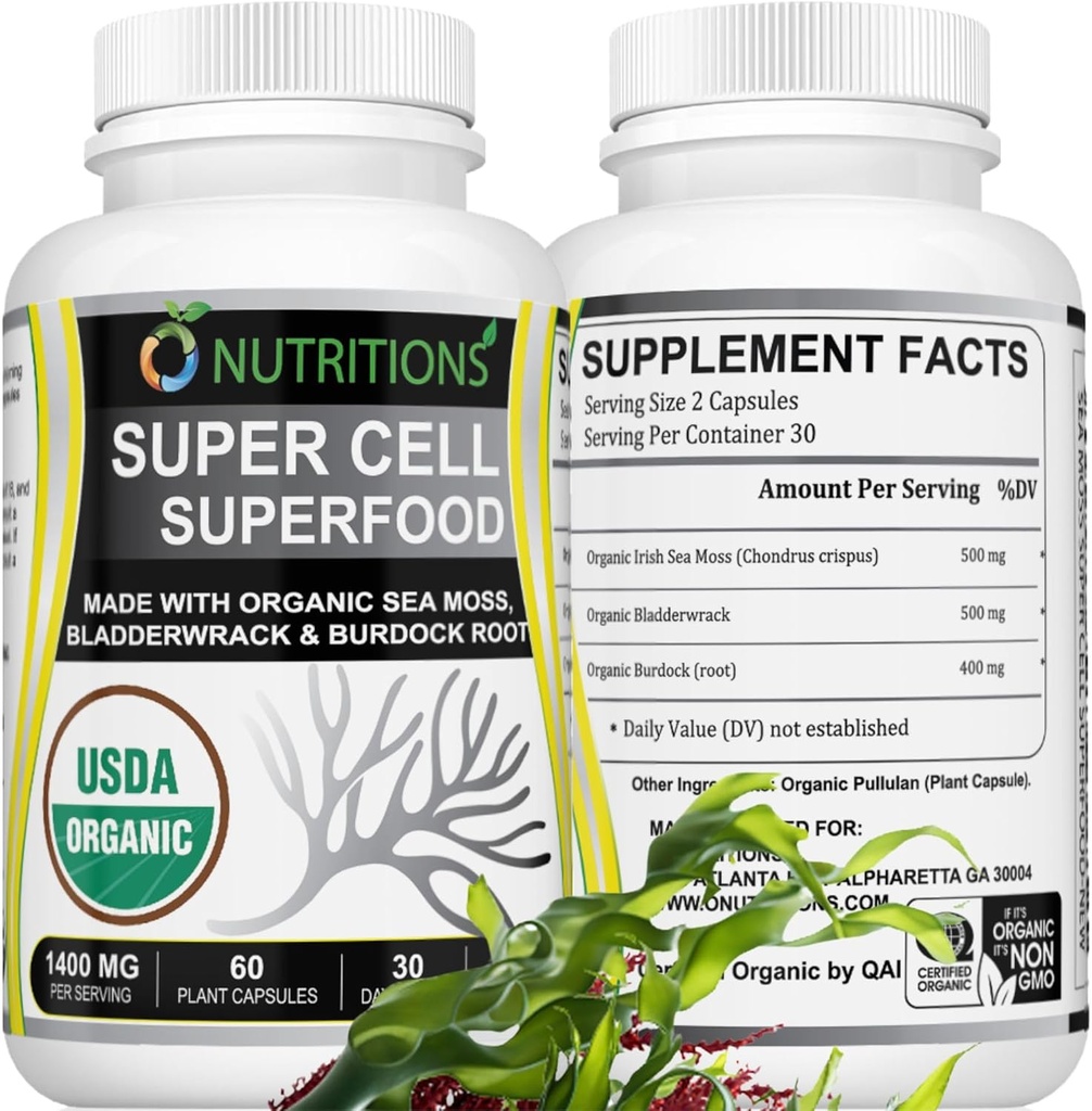 Sea Moss 60 kapselia USDA Certified Organic Irish Sea Moss kapselit, joissa on rakkokäärme ja Burdockin juuri.Immuunituki täydentää miesten ja naisten naisten vitamiinit ja miesten vitamiinit (1 pakkaus)