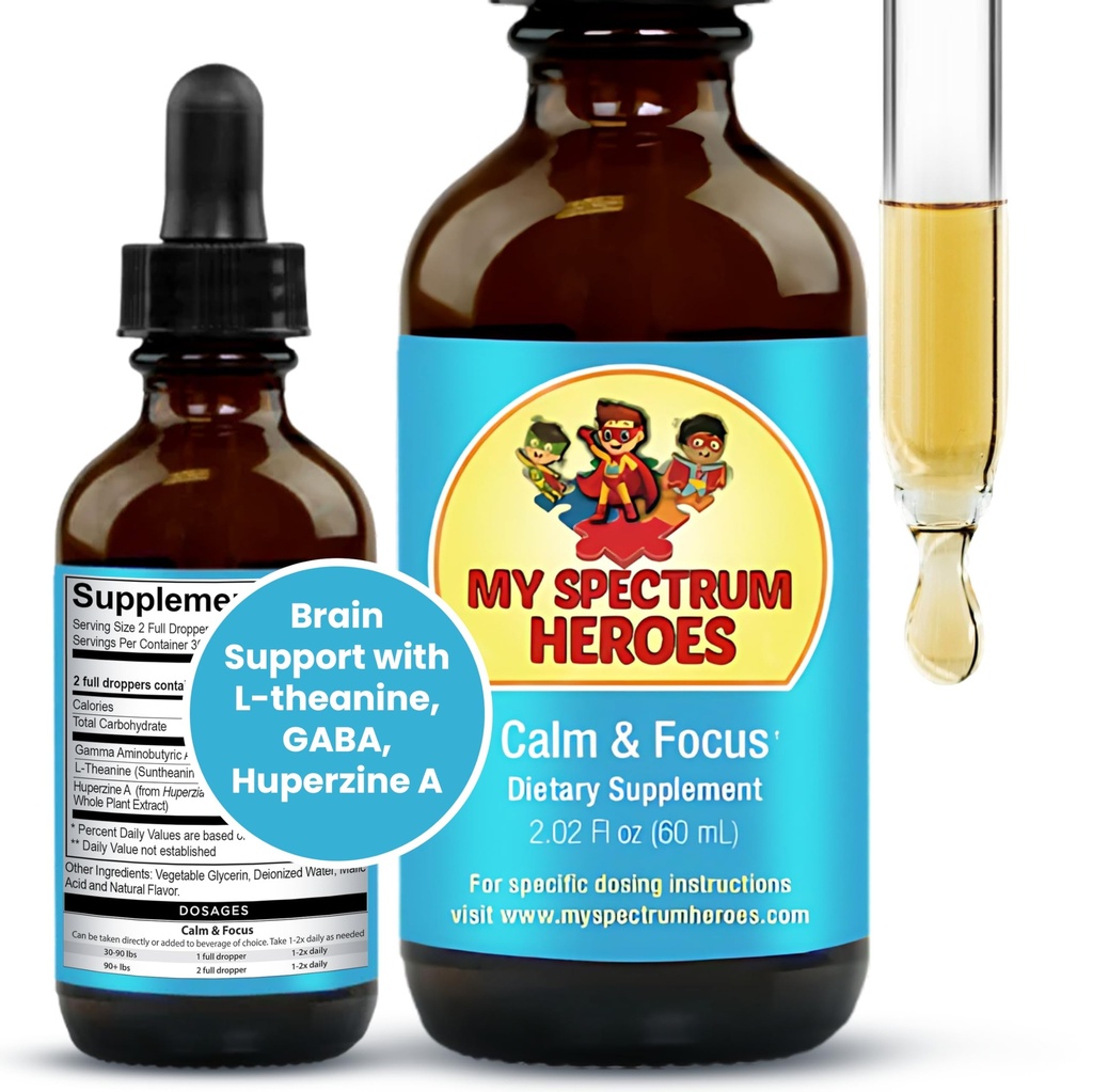 Min Spectrum Heroes Calm & Focus Supplement Drops - Brain Support med L-Theanin, GABA, Huperzine A - Förbättra fokus för barn eller vuxna - öka koncentrationen för barn & tonåringar - 2.02 FL oz. (60 ml)