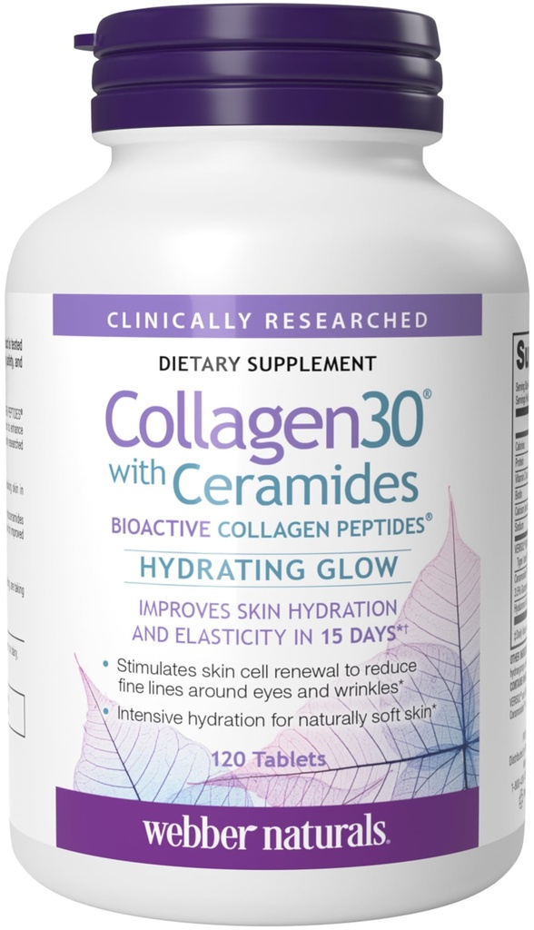 Webber Naturals Collagen30, jossa on Ceramideja, Bioaktiivisia kollageenipeptidejä, 120 tablettia, kosteuttavaa hehkua, auttaa parantamaan ihon nesteytystä, elastisuutta ja pehmeyttä, ei-muuntogeenisiä organismeja, maito- ja gluteenittomia