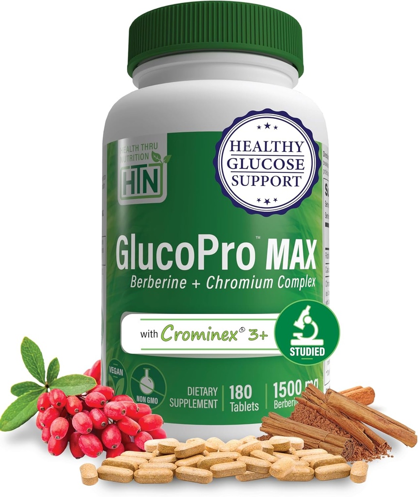 Health Thru Nutrition GlucoPro Max - med 1 500mg Berberine, Chrominex + Chromium och 1000mg Cinnamon | Vegan, Non-GMO, Gluten Free | Pack på 180