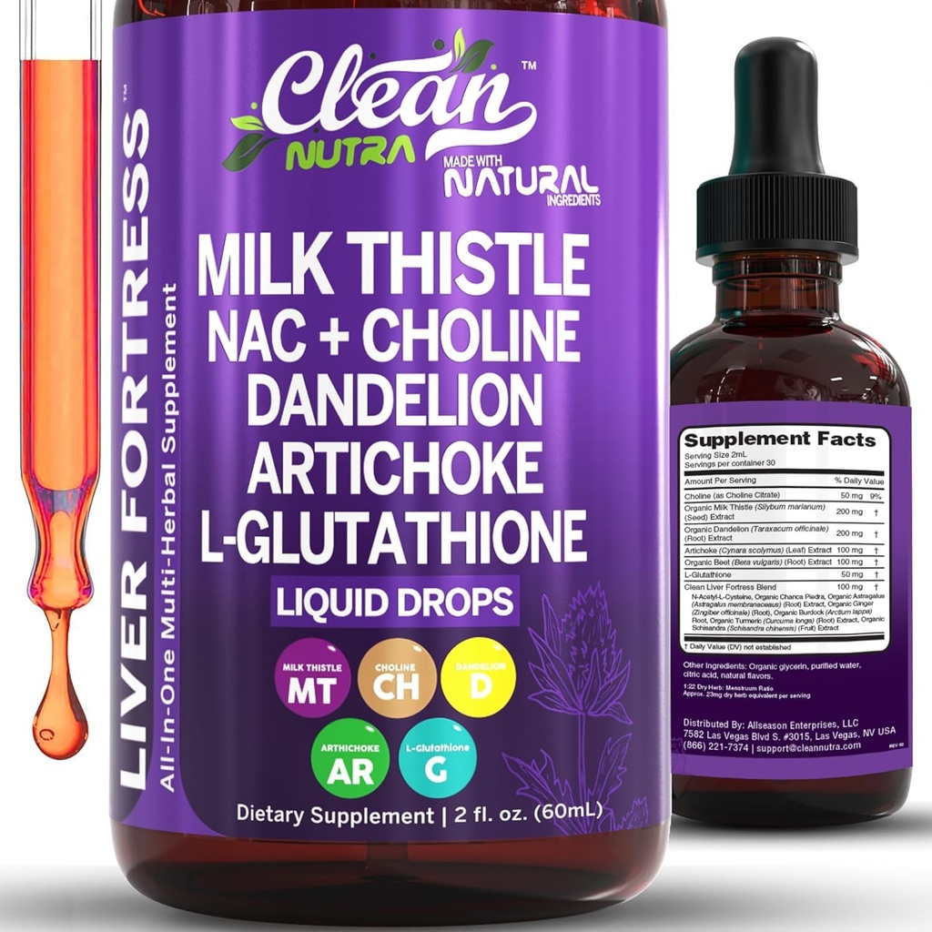 Clean Nutraceutics Milk Thistle NAC Liver Cleanse Detox & Repair Supplement Liver Support Liquid Drops with Dandelion Extract, Artisokka, Chanca Piedra, Koliini, L-glutationi, Burdock, Schisandra