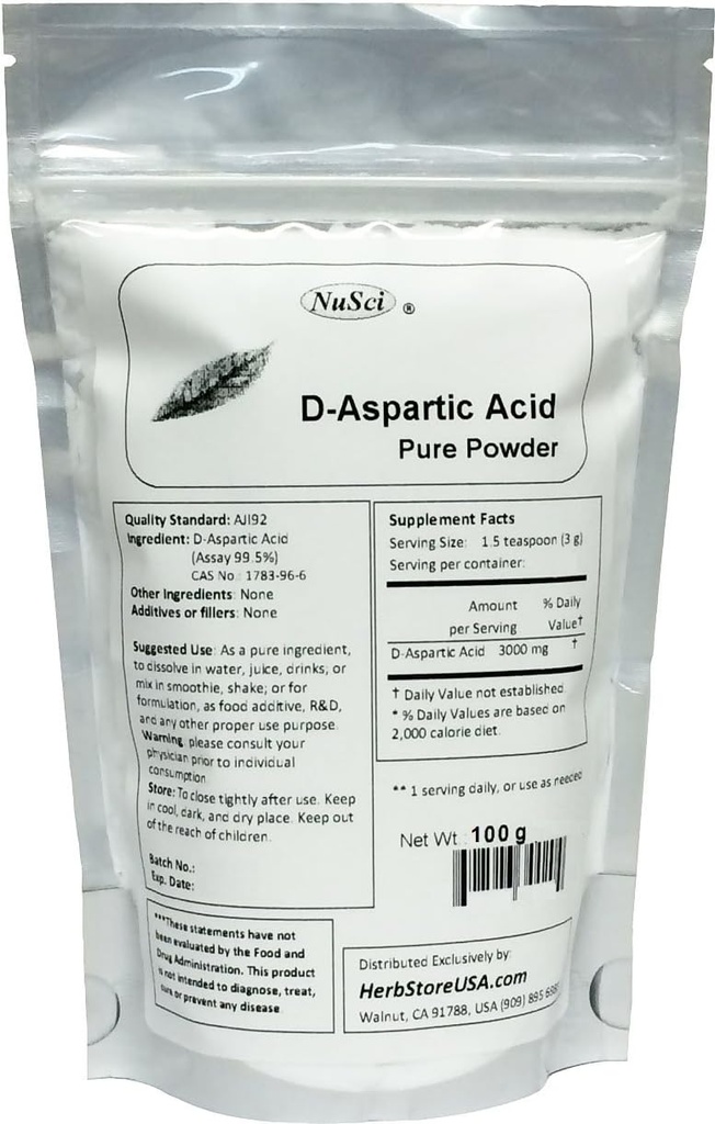 Pure D-Aspartic Acid (DAA) Powder AJI Quality Standard (100 Grams (3,52 oz))