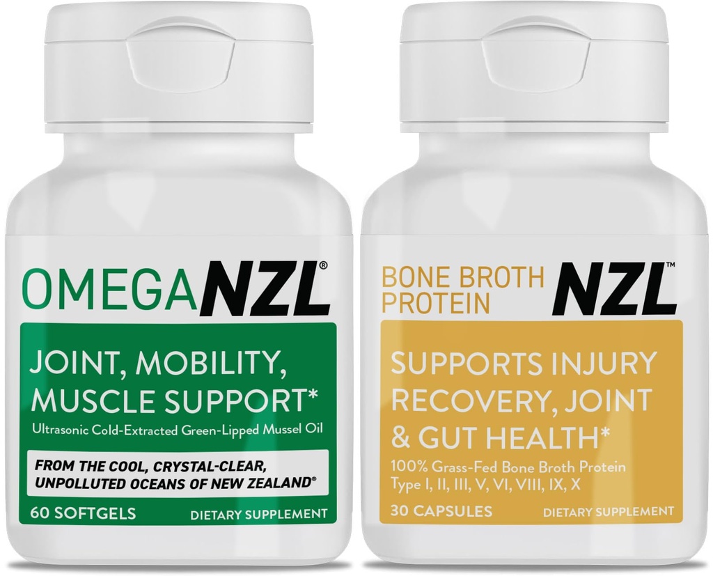 Omega-3 Natural Joint Relief Supplement Natural Muscle Support, Green-Lipped Mussel Oil Joint Support, Ei Fishy Aftertaste, 60 Softgels Plus yksi pullo luun Broth Protein 30 kapselia