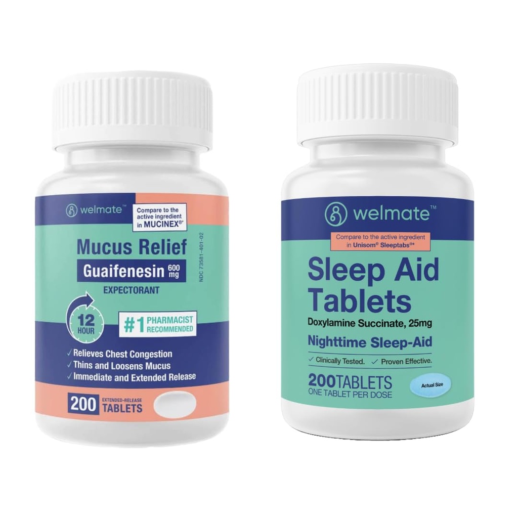 WELMATE Nighttime Wellness Bundle: Lima Relief Guaifenesin 600 mg Lima-apu (200 Ct) & Doxylamiini Succinate 25 mg uniapu (200 Ct) .