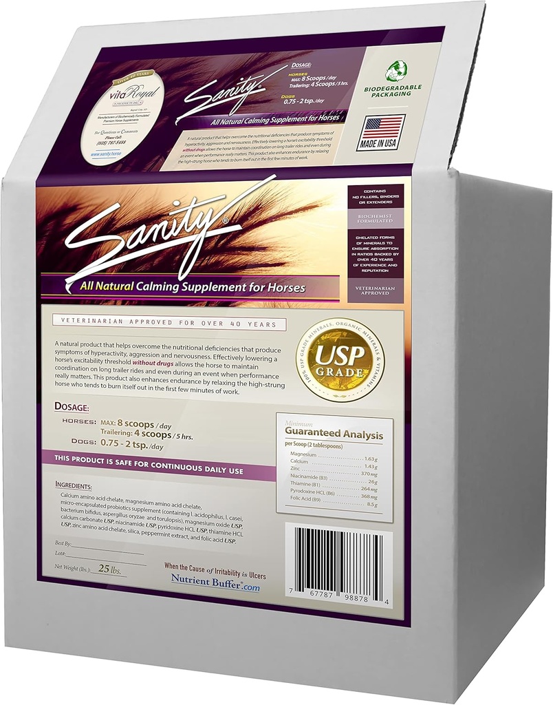 Sanity - Equine Behavioral Calming Focus Supplement för hästar - Magnesium, Calcium, Zink, B Vitaminer, Aminosyror, Probiotika, Thiamine, Folic Acid, Niacin, Peppermint & More