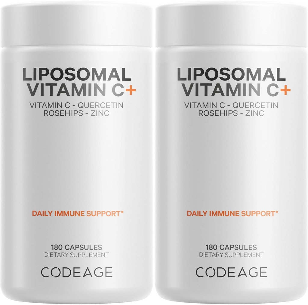 Codeage Liposomal Vitamin C 1500mg med Zinc, Elderberry, Citrus Bioflavonoids Grapefruit, Lemon, Orange Powder, Quercetin & Rose HIPS Fruit - Vegan Supplement - Non-GMO, Vegan Pills - 2 Pack