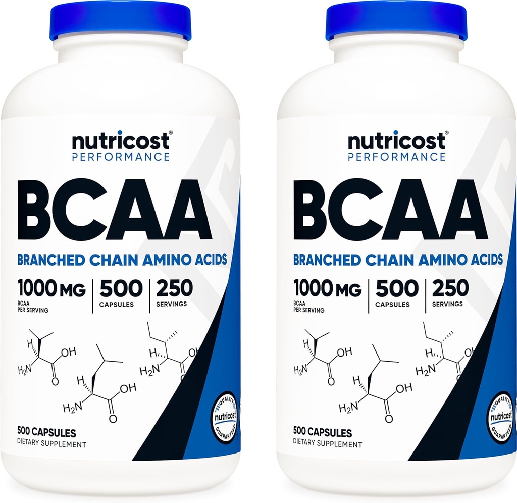 Nutricost BCAA 1000 mg, 500 kapselia (250 Serv), 2:1:1 haaraketjuiset aminohapot (500 mg L-leusiinia, 250 mg L- isoleusiinia ja L- Valiinia) (2 pulloa)