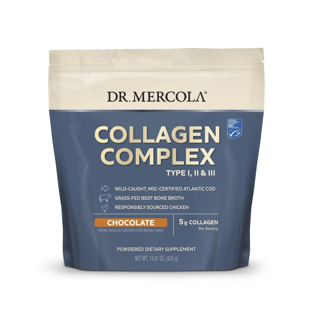 Tri. Mercola Collagen Complex Powder - Tukee ihon Elasticity & Joint Function - Multi-Source Collagen Tyypit I II III - 10.89 oz (30 Servings) - Suklaa