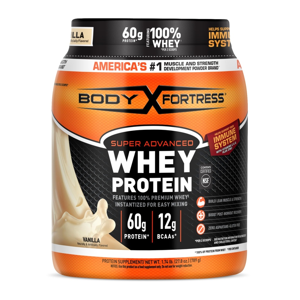 Body Fortress Super Advanced Whey Protein Powder, Vanilja, Immuno Support (1), Vitamiinit C & D Plus Sinkki, 1,74 lbs