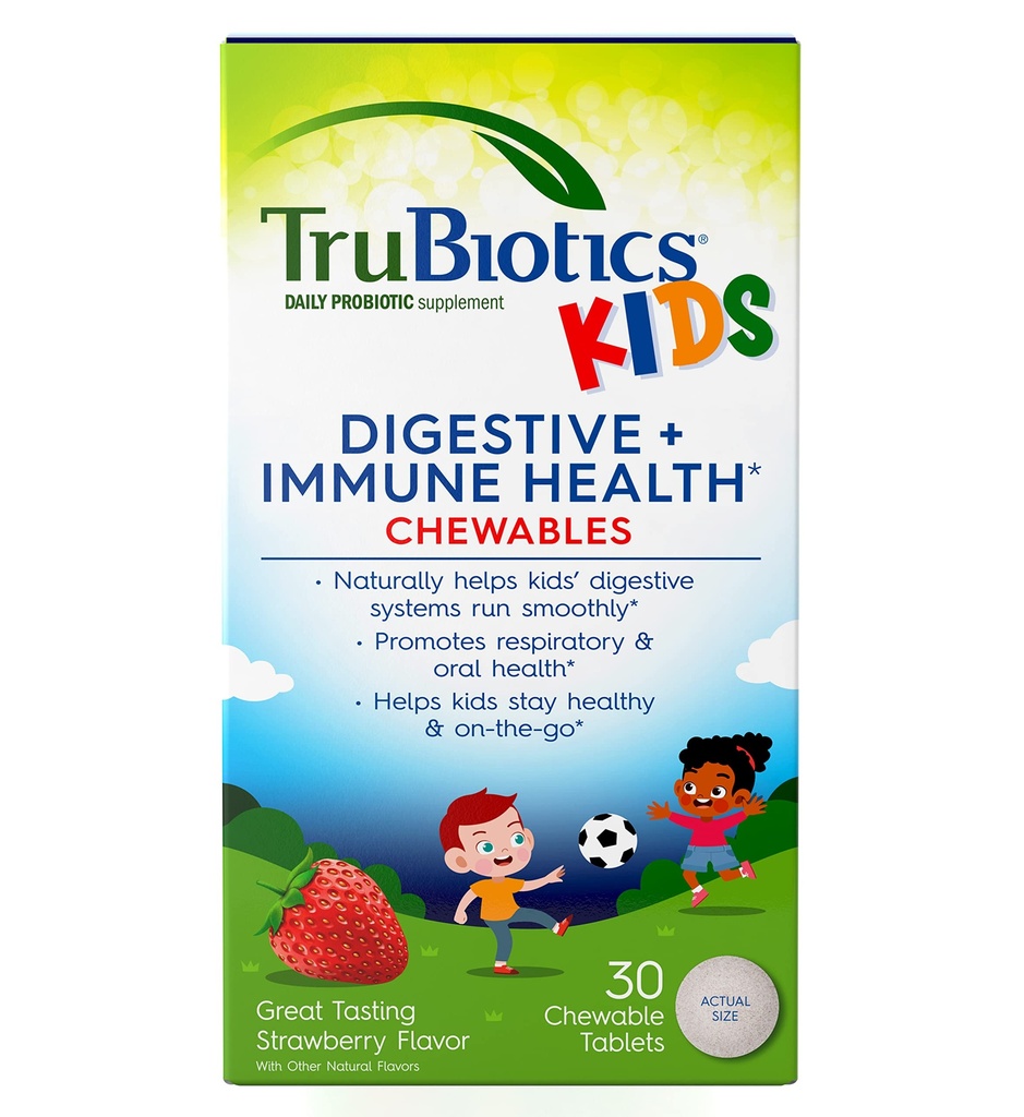 TruBiotics Probiootit lapsille Ruoansulatus-ja immuuniterveyden tuki, sokerivapaa pureskeltavia lapsia Probiootti auttaa säilyttämään terve vatsa, luonnollinen mansikka maku, 30 tablettia
