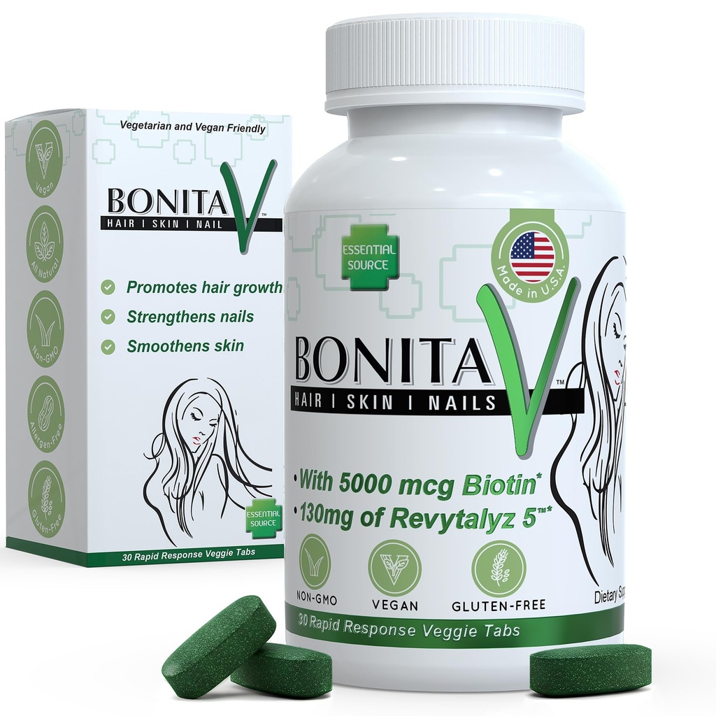 Essential Source Biotin (Biotina Vitamiinit) - Hiusten iho kynnet vitamiinit naisille ja miehille - 5000 mikrog - hiusten kasvua tukea täydentää - 30 tablettia - kanssa Revytalyz 5, A-vitamiini, C, B12 - Valmistettu USA