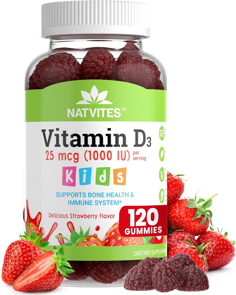 D3-vitamiinia Gummies for Kids - D-vitamiini 1000 IU Pektiinikumi - Mansikka maku - Luun terveys ja immuuni tuki täydentää - ei-muuntogeenisiä organismeja, gluteeniton, vegaaninen, pähkinöistä ja maitotuotteita ilmaiseksi - 120 kreivi (Pack of 1)
