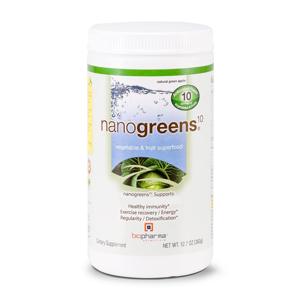Biopharma Scientific NanoGreens: Greens Superfood Fruit & Vegetable Powder för Digestive Health & Immunity med Spirulina, Chlorella, Kale, Spinach, Plant Based, Green Apple Flavor, 30 Servings