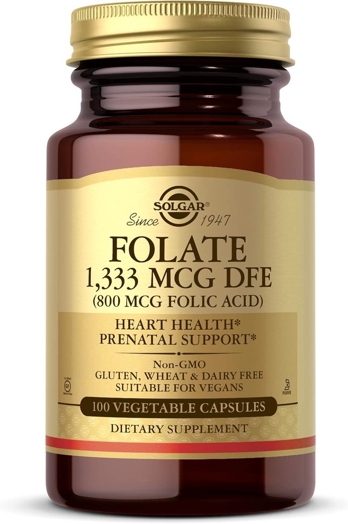 Solgar Folaatti 1 333 mcg Ruokavalion Folaattiekvivalentti (800 mikrog Foolihappoa), 100 kasvikapselia - Heart Health, Terve hermosto, prenataalinen tuki - ei-GMO, Vegan, Gluteeniton - 100 tarjoilua