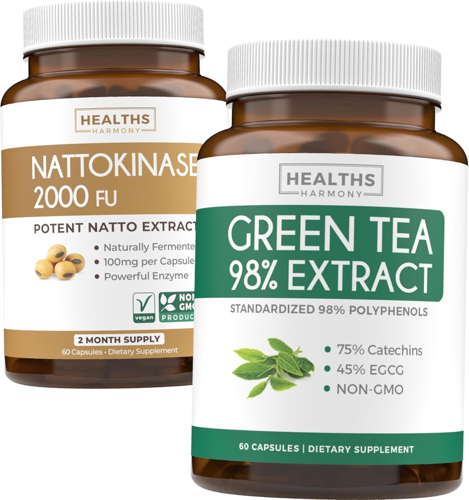 Nattokinaasi ja vihreä tee (1-kuukautta) Energia Boost Bundle - Nattokinaasi 2000 FU Tehokas luonnollisesti Fermentoitu soijapapuja (60 Caps) & Green Tea Extract 98% kanssa EGCG (ei-GMO) Natural Metabolia Boost
